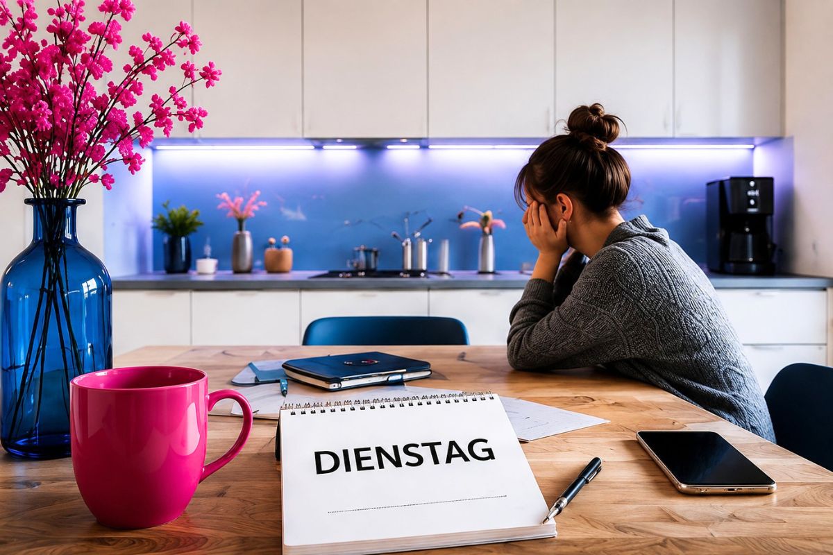 Person sitzt nachdenklich an einem modernen Küchentisch mit pinker Tasse, Smartphone und Kalenderblatt mit dem Wort „Dienstag“.