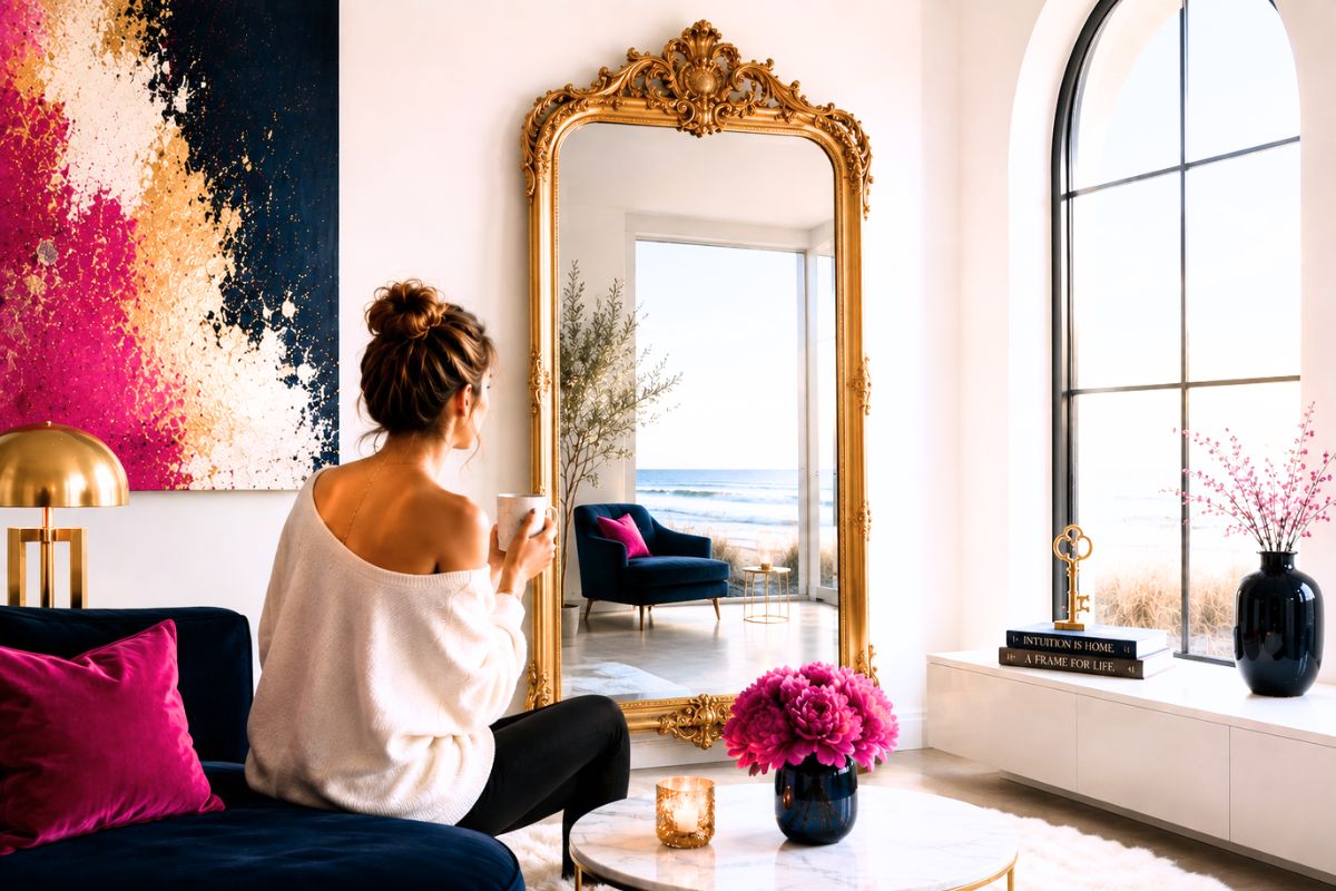 Modernes Wohnzimmer mit weißer Einrichtung, dunkelblauem Sofa, pinken Akzenten, goldenem Barockspiegel und abstraktem Kunstwerk; eine Frau sitzt mit einer Tasse vor dem Spiegel, der einen Blick auf das Meer zeigt.