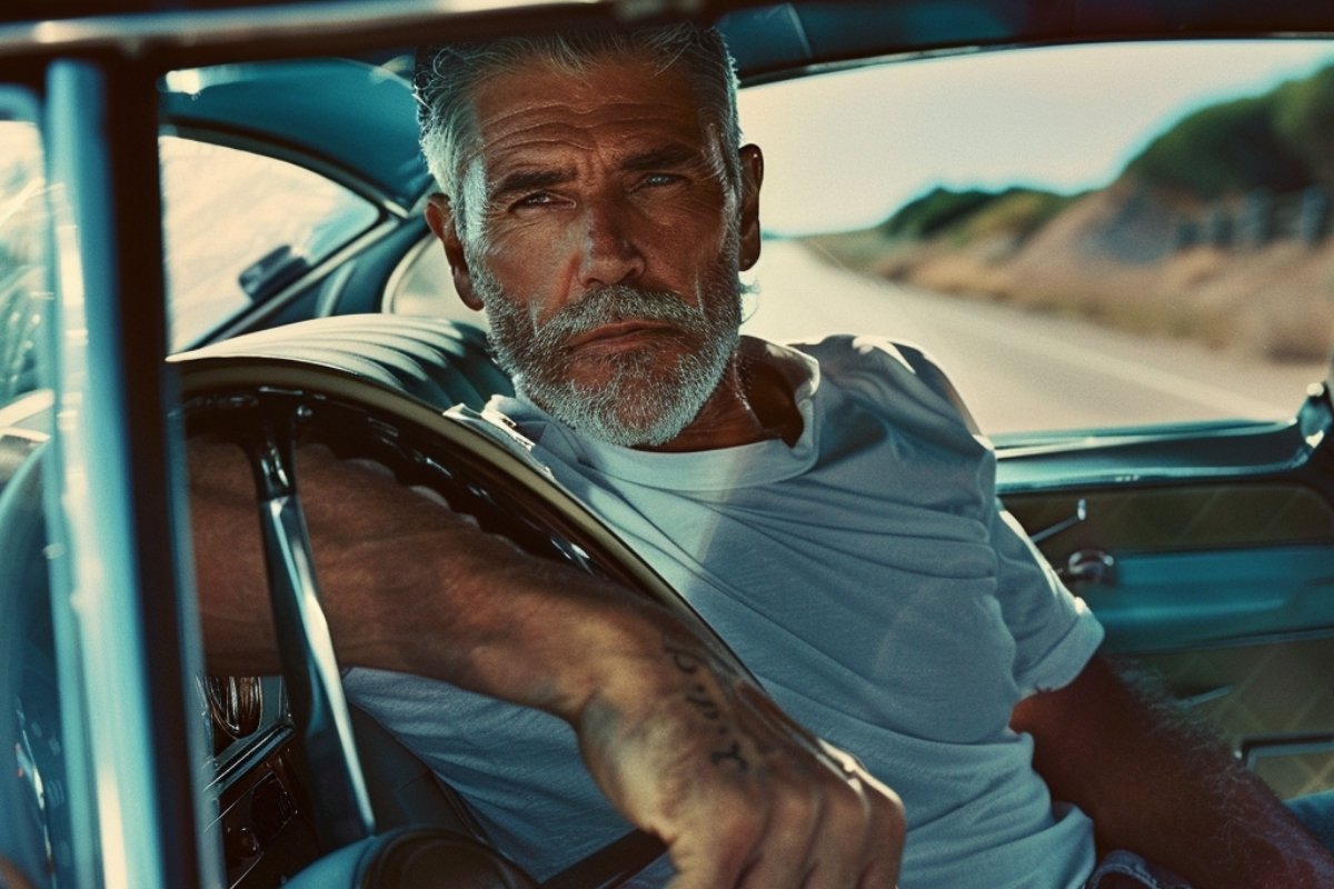 Mann mit grauem Bart sitzt entspannt in einem Oldtimer und blickt in die Kamera - Potenzial ist kein Partner.
