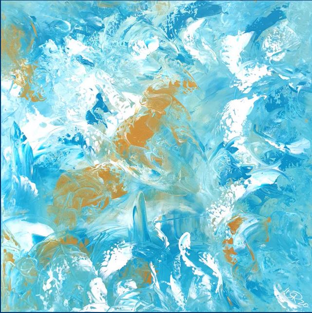 Abstraktes Gemälde in Blau-, Weiß- und Goldtönen mit fließenden, wolkenartigen Strukturen.