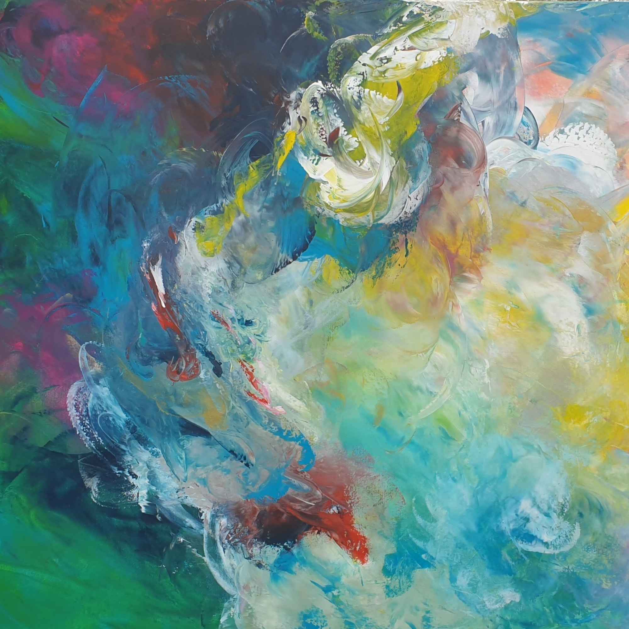 Abstraktes, großformatiges Gemälde mit dynamischen Pinselbewegungen in kräftigen Farben wie Türkis, Rot, Gelb, Grün und Blau.