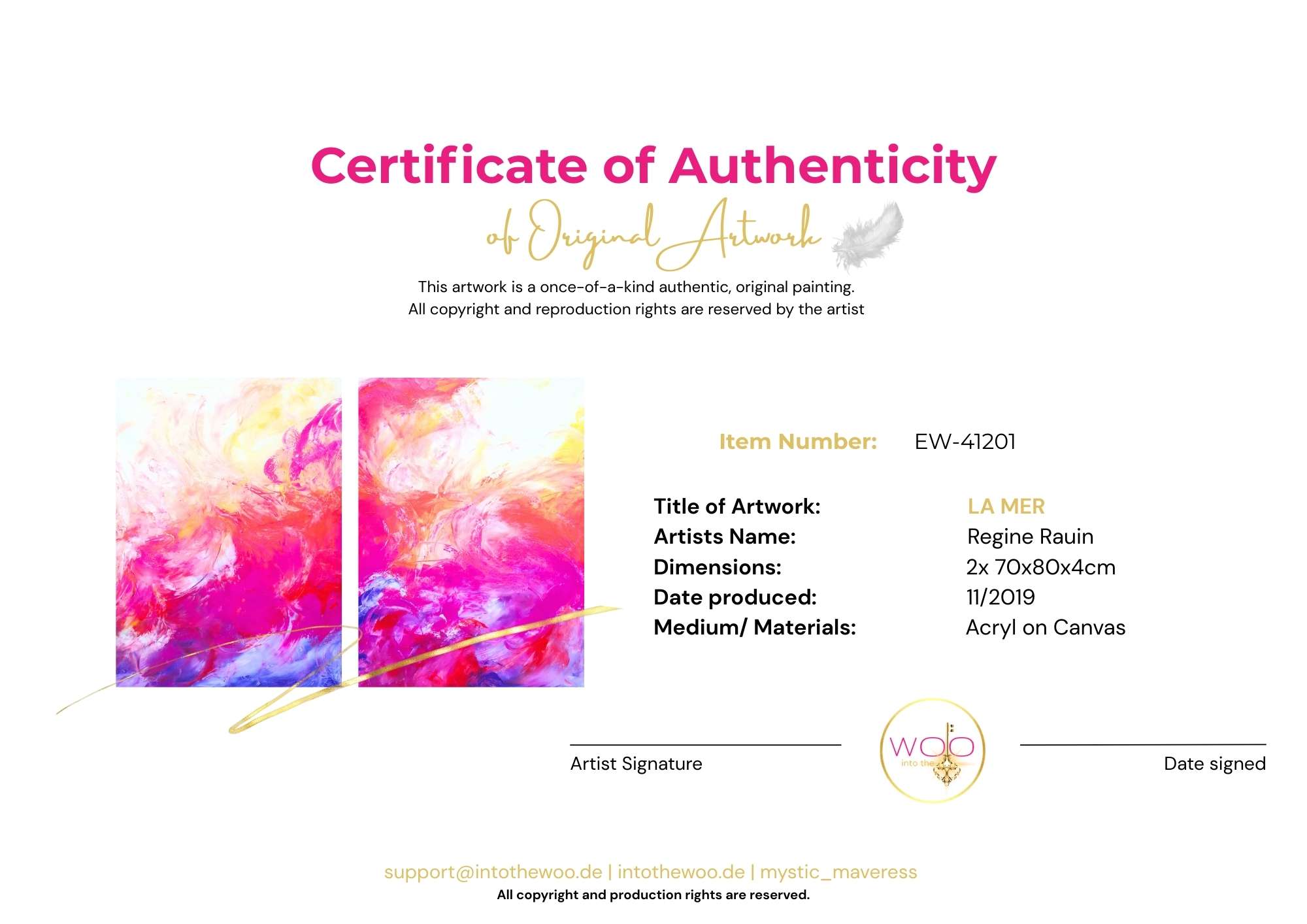 Echtheitszertifikat für das Abstrakte Bild LA MER, 2x 70x80cm Künstlerin: Regine Rauin