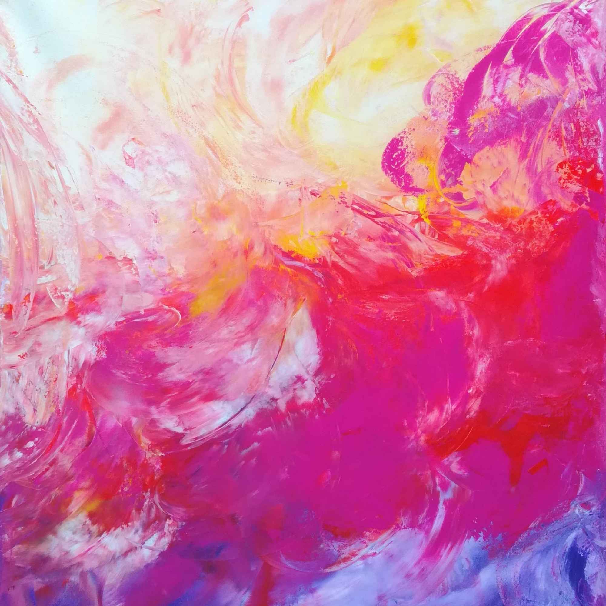 Linke Hälfte eines abstrakten zweiteiligen Gemäldes in leuchtendem Pink, Rot, Weiß und Gelb – inspiriert von Licht und Bewegung.