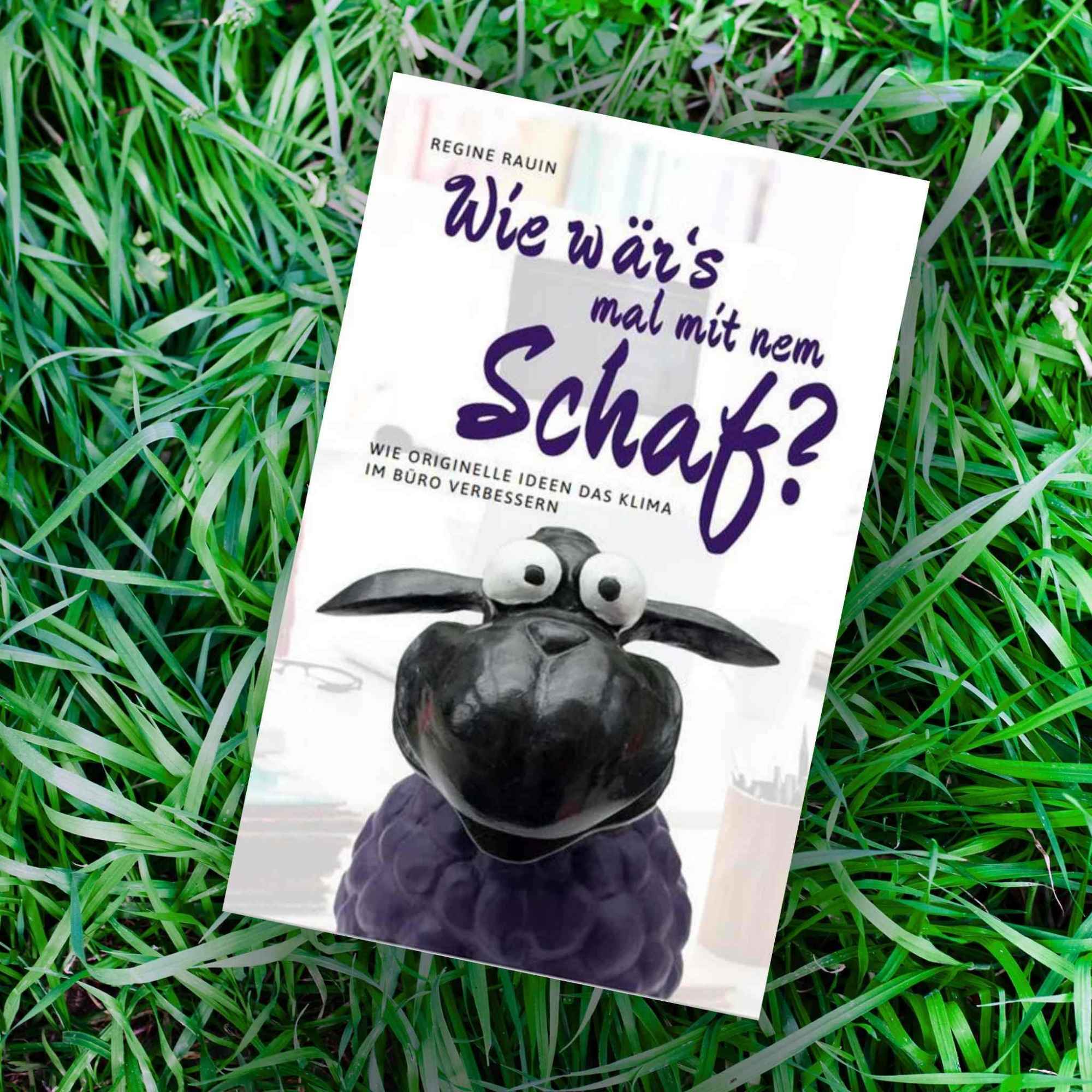 „Buch auf Gras mit Titel ‚Wie wär’s mal mit nem Schaf?‘ und schwarzem Schaf mit großen Augen auf dem Cover.“