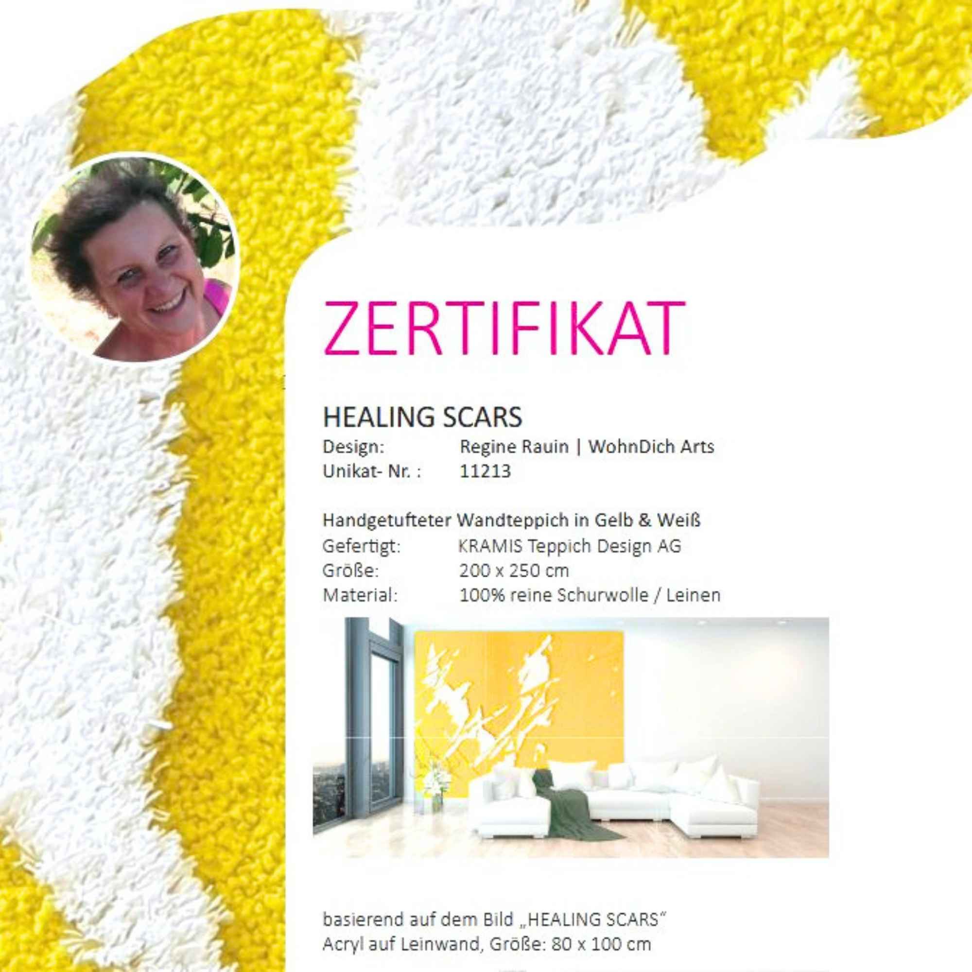 Echtheitszertifikat für den Wandteppich „HEALING SCARS“ mit Angaben zu Design, Größe, Material und Herstellungsort.