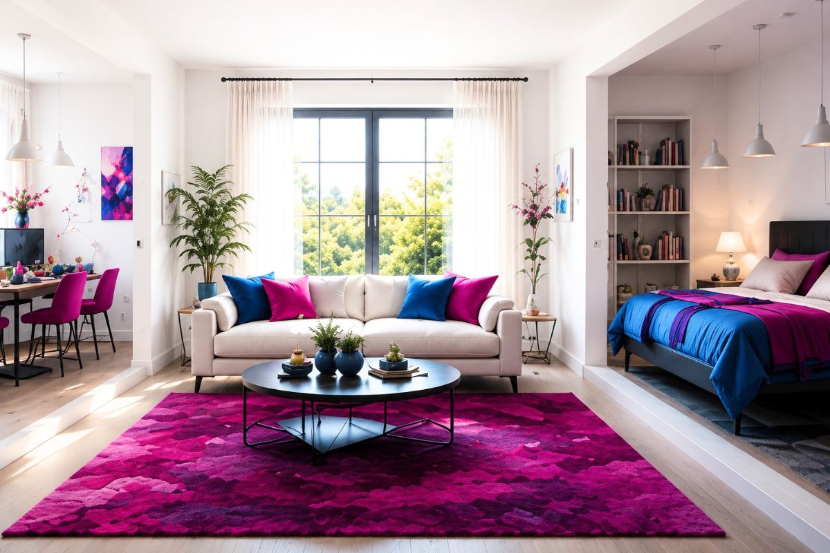 Heller moderner Wohnraum mit Sofa, Essbereich und zwei seitlich angeordneten persönlichen Bereichen, gestaltet mit pinken, violetten und blauen Akzenten.