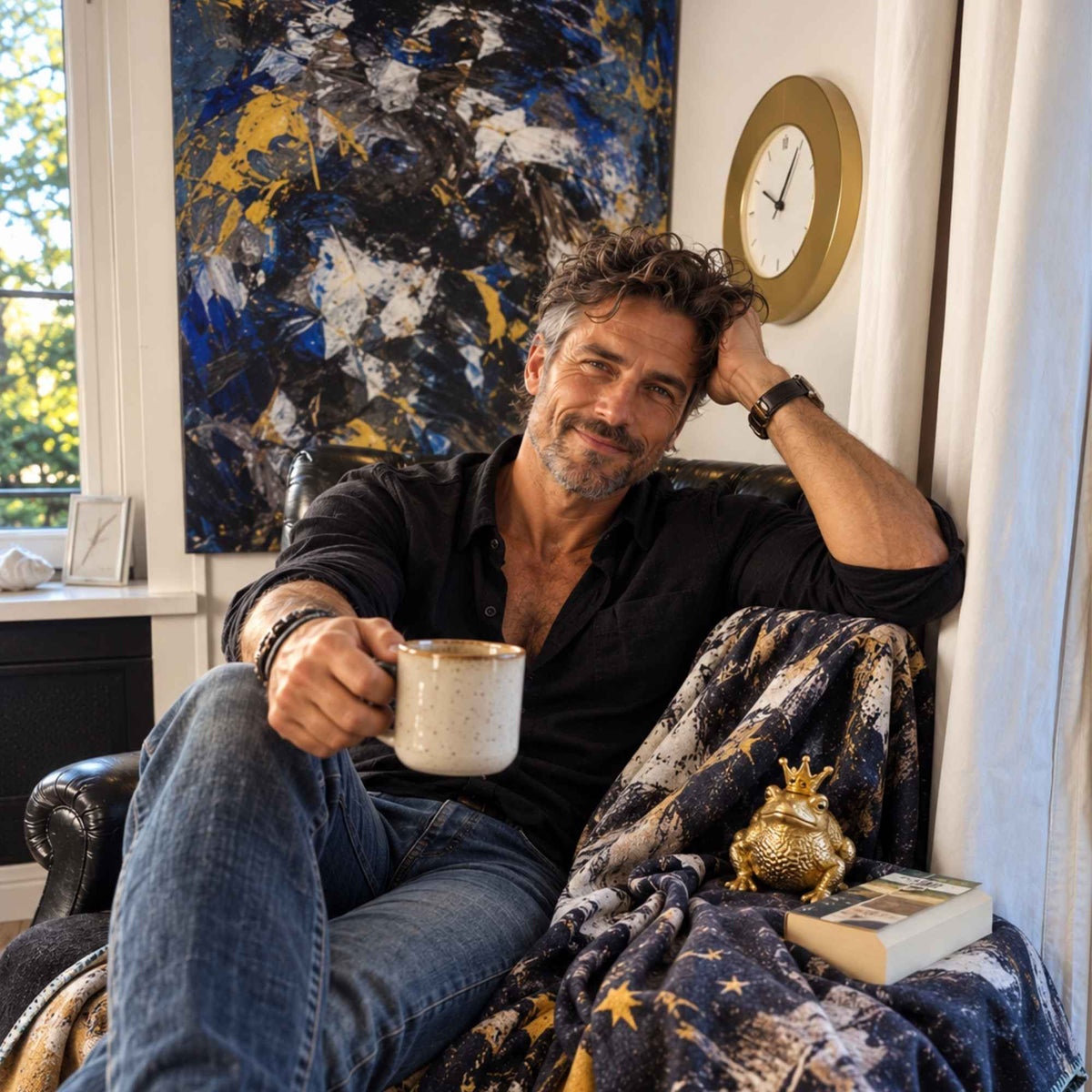 Männermodel FEEL mit abstrakter Kunst-Kuscheldecke in Blau, Schwarz, Creme und Gold: Ein lässiger Mann sitzt mit einer Tasse Kaffee im Ledersessel, das Originalgemälde von MYSTIQUE hängt im Hintergrund.