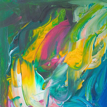 „Abstraktes Acrylgemälde in kräftigen Farben wie Grün, Gelb, Pink und Blau.“