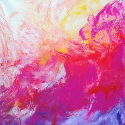 Linke Hälfte eines abstrakten zweiteiligen Gemäldes in leuchtendem Pink, Rot, Weiß und Gelb – inspiriert von Licht und Bewegung.