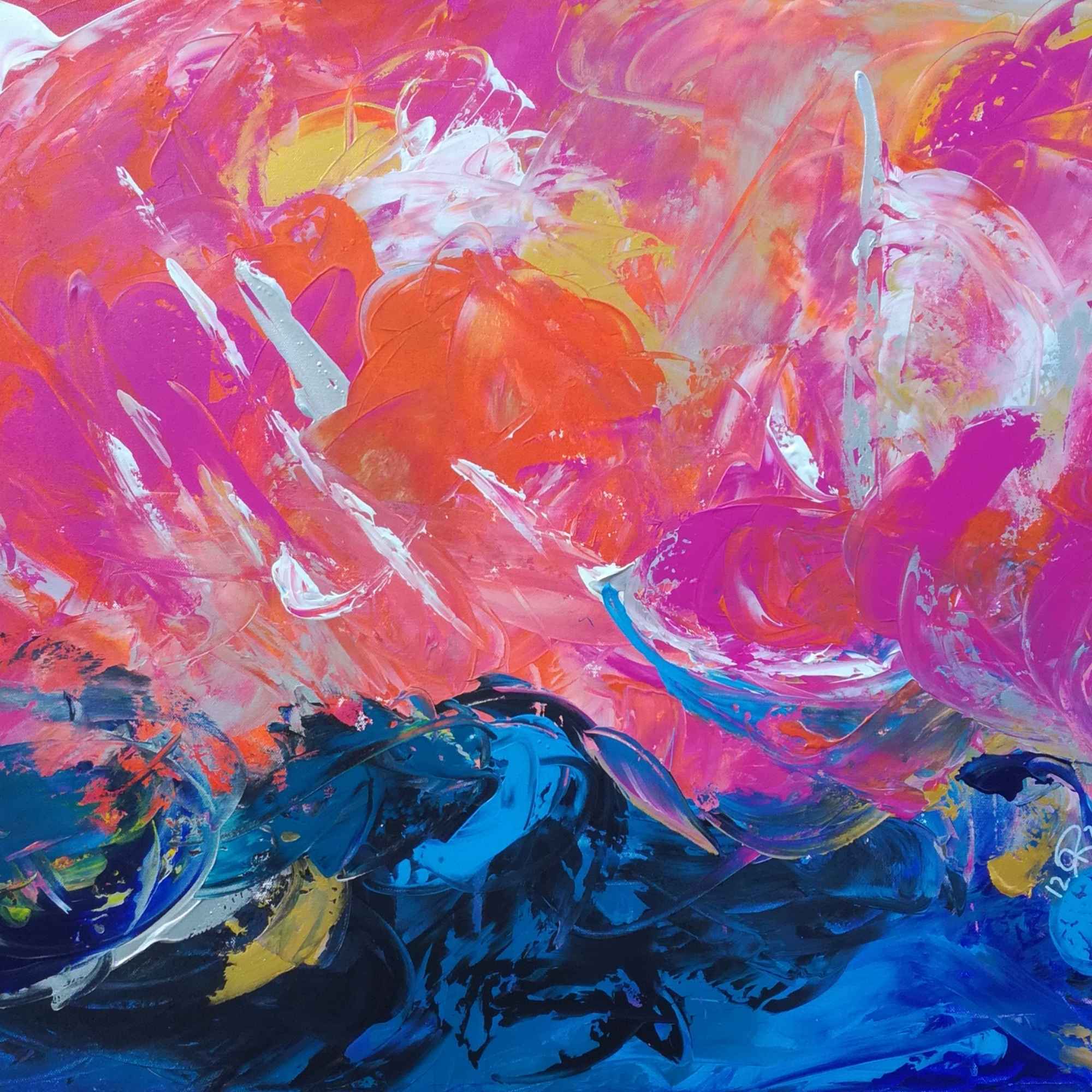 Abstraktes Bild VINCENT_kraftvoll pink, orange, violett mit kontrastreichem kobaltblau und kleinen Goldakzenten, Künstlerin: Regine Rauin