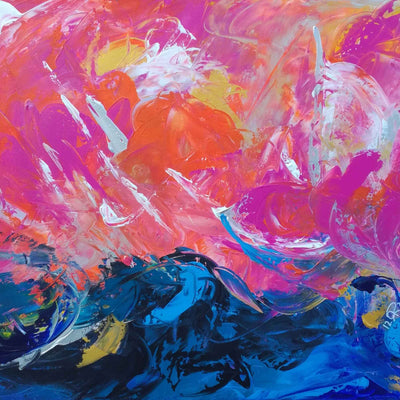 Abstraktes Bild VINCENT_kraftvoll pink, orange, violett mit kontrastreichem kobaltblau und kleinen Goldakzenten, Künstlerin: Regine Rauin