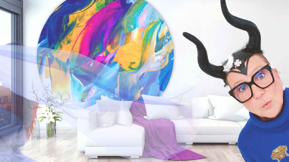 INTO THE WOO Shop-Titelbild mit abstrakter Kunst, modernem Wohnzimmer und MYSTIQUE -Wohnpsychologie trifft Kunst