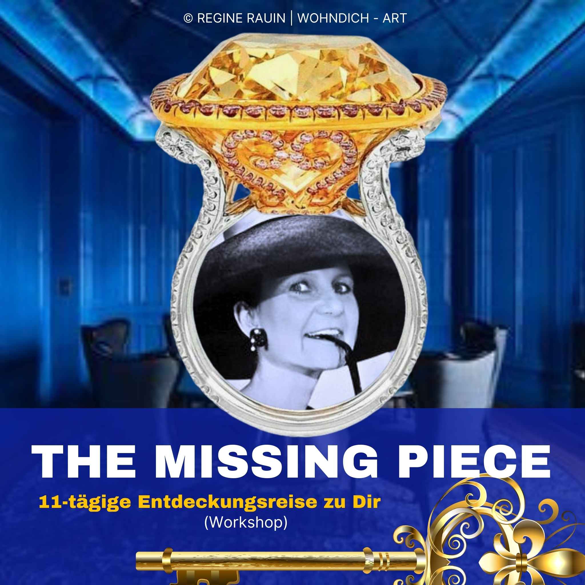 „Visualisierung des Workshops ‚The Missing Piece‘ mit Porträt im Ringrahmen, goldener Schlüssel und Text zur 11-tägigen Entdeckungsreise.“