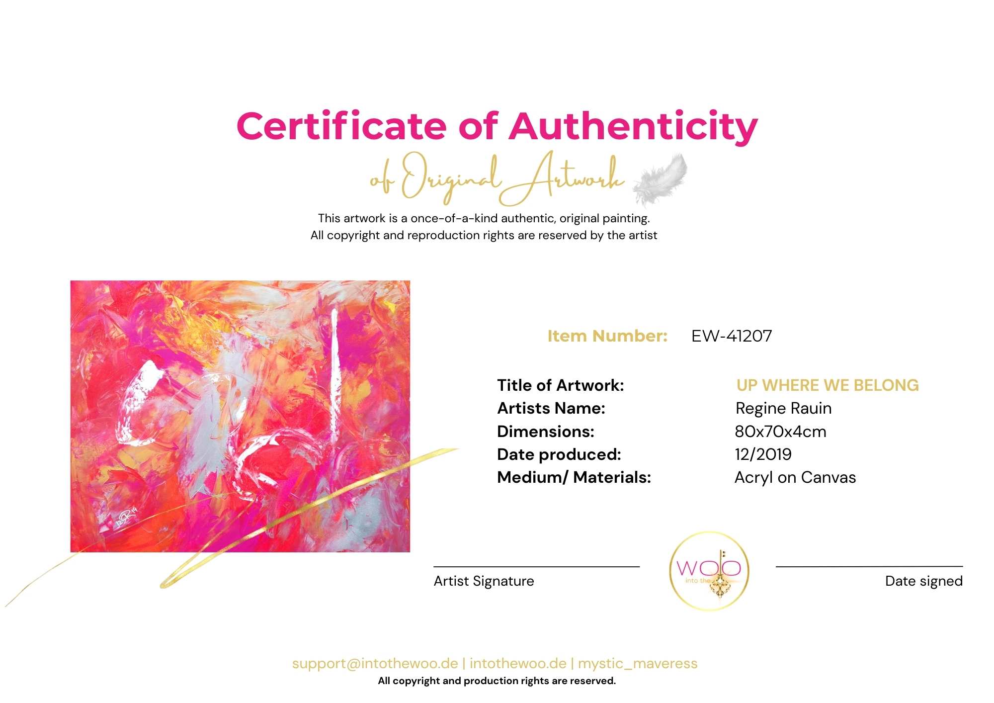 Echtheitszertifikat Abstraktes Bild UP WHERE WE BELONG_Künstlerin Regine Rauin