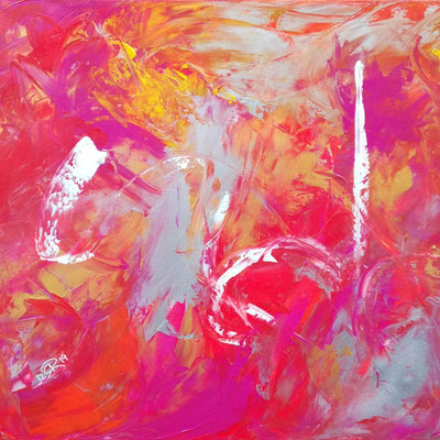 Abstraktes Bild UP WHERE WE BELONG in leuchtendem Pink, Orange, Rot mit weißen, goldenen und gelben Akzenten_Künstlerin: Regine Rauin