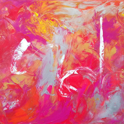 Abstraktes Bild UP WHERE WE BELONG in leuchtendem Pink, Orange, Rot mit weißen, goldenen und gelben Akzenten_Künstlerin: Regine Rauin