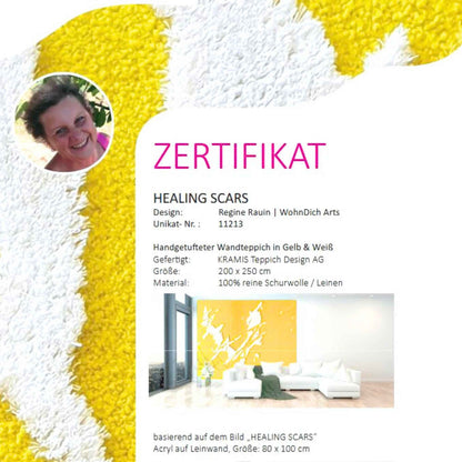 Echtheitszertifikat für den Wandteppich „HEALING SCARS“ mit Angaben zu Design, Größe, Material und Herstellungsort.