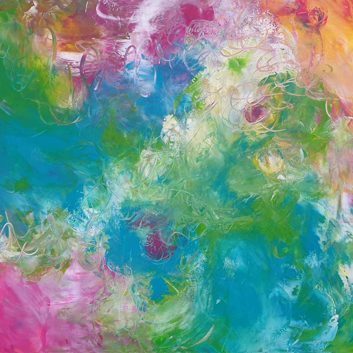 ZEYNEP - abstraktes Acrylbild in leuchtenden Blau-, Türkis- und Grüntönen mit fließenden Strukturen, entstanden während des Orkantiefs Zeynep
